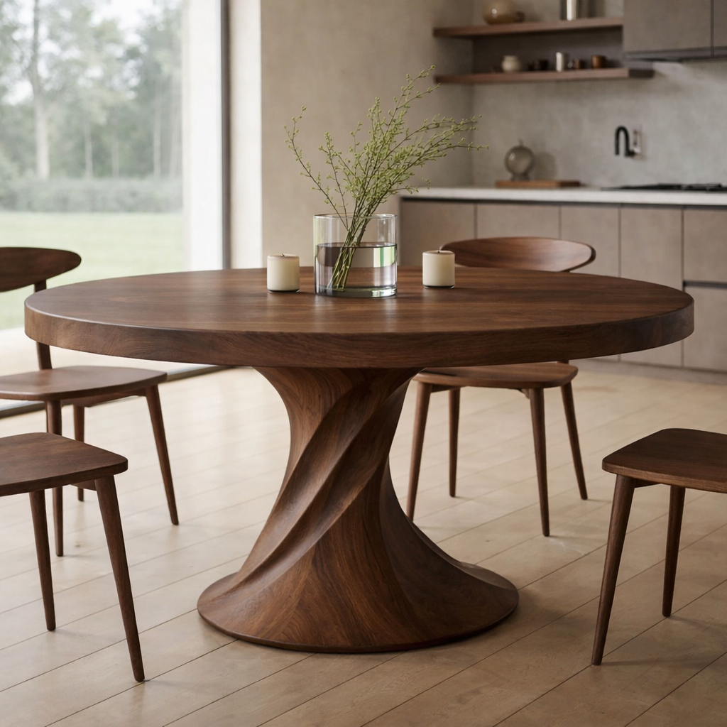 Solid Wood Round Dining Table with Sculptural Pedestal Base – Modern Rustic Dining Table