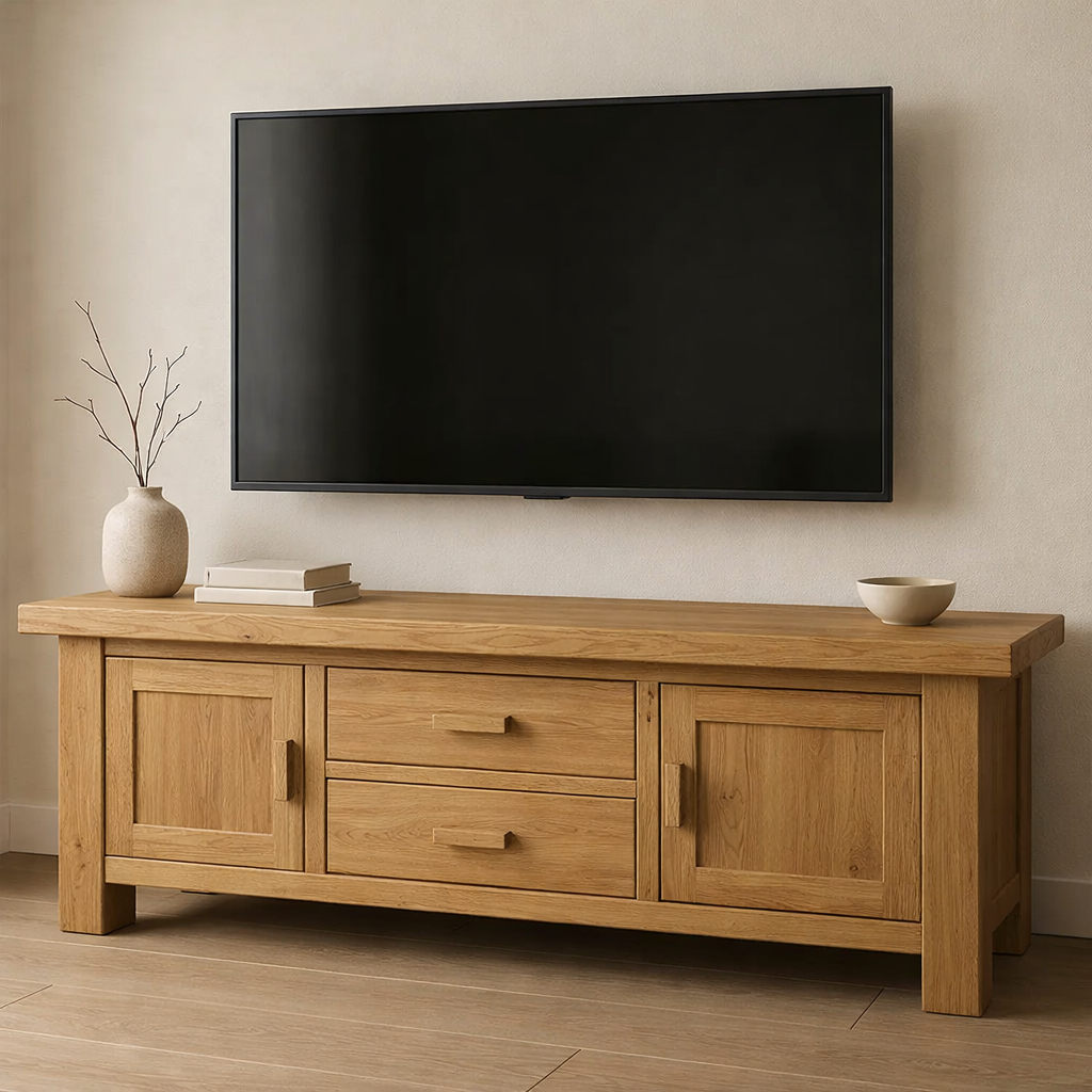 Solid Wood TV Stand with Drawers and Cabinets – Rustic Modern Media Console