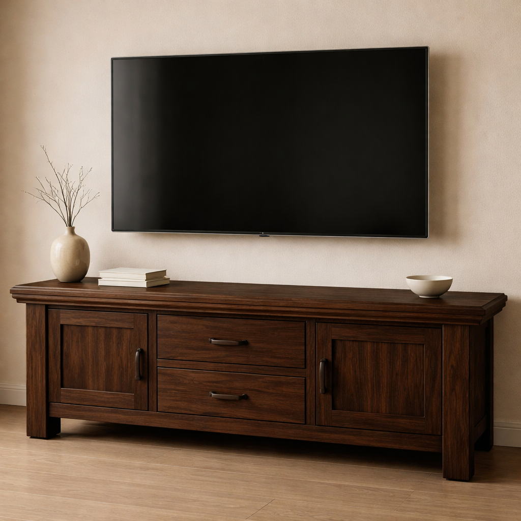 Solid Wood TV Stand with Drawers and Cabinets – Rustic Modern Media Console