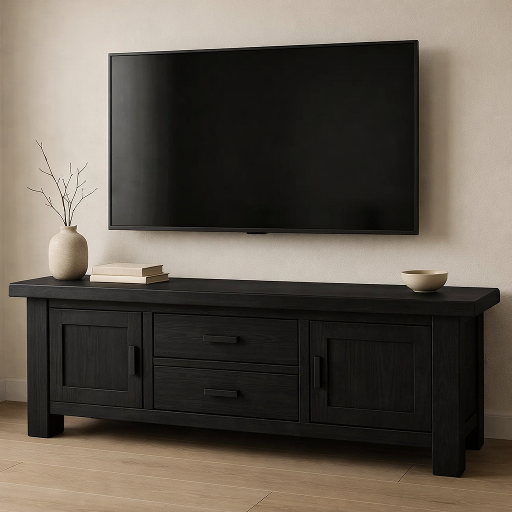 Solid Wood TV Stand with Drawers and Cabinets – Rustic Modern Media Console