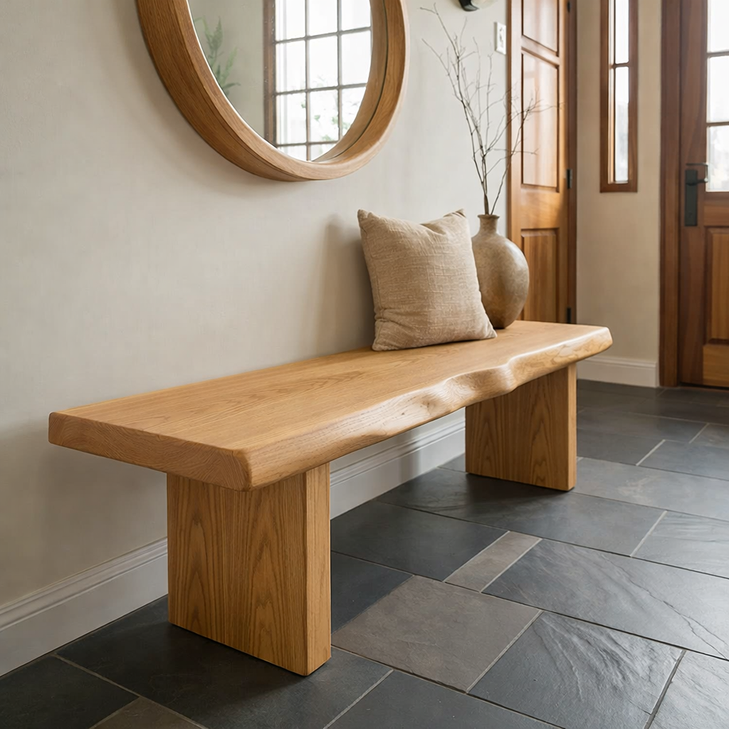 Solid Wood Entryway Bench with Live Edge Seat – Rustic Modern Hallway Bench