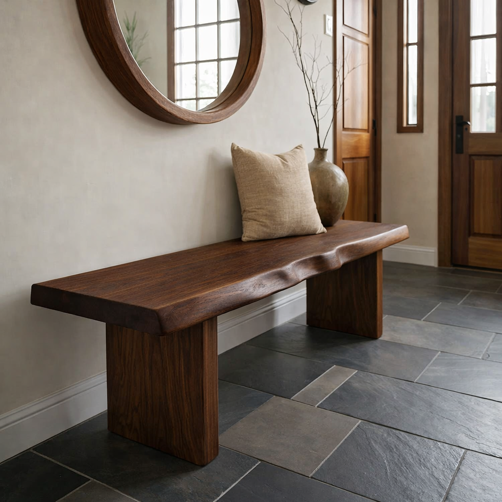 Solid Wood Entryway Bench with Live Edge Seat – Rustic Modern Hallway Bench