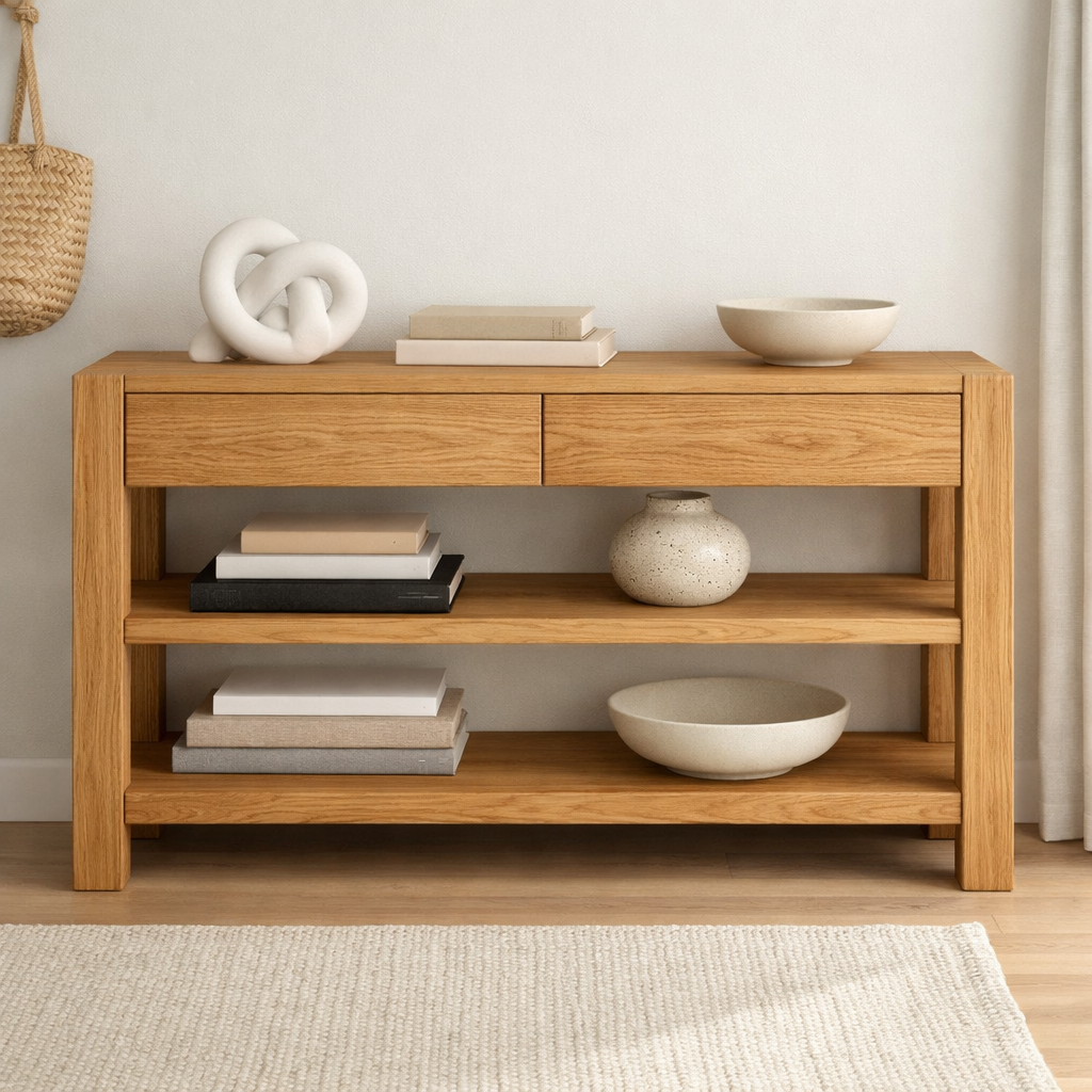 Solid Wood Console Table with Drawers and Shelves – Modern Oak Entryway Storage Table