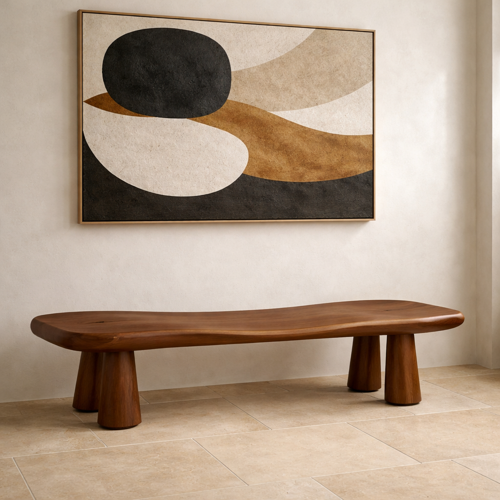 Solid Wood Sculptural Bench – Modern Organic Entryway Seating Bench