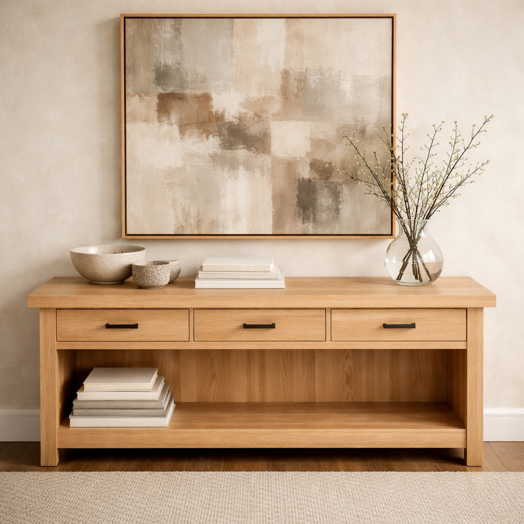 Handcraft Solid Wood Console Table with Drawers and Open Shelf