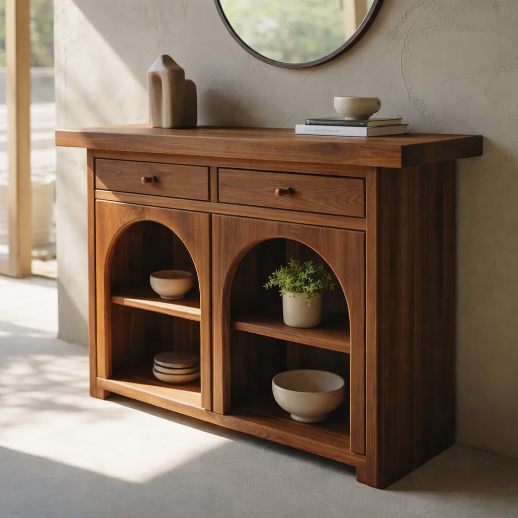 Solid Wood Console Cabinet with Arched Shelves – Modern Entryway Storage Console