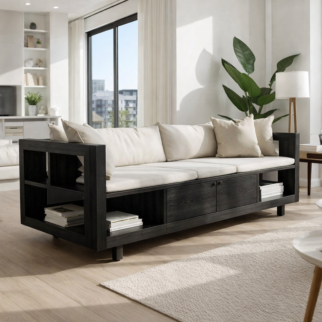 Solid Wood Storage Sofa – Modern Wooden Sofa with Shelves and Drawers