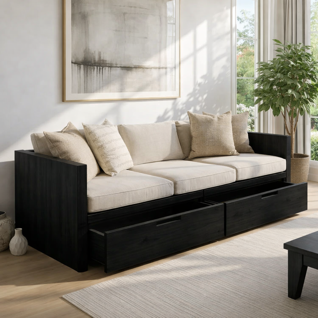 Solid Wood Storage Sofa – Walnut Wooden Sofa with Large Drawers