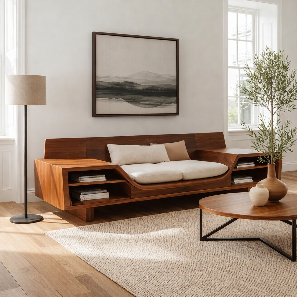 Walnut Solid Wood Sofa with Shelves – Modern Sculptural Wooden Sofa