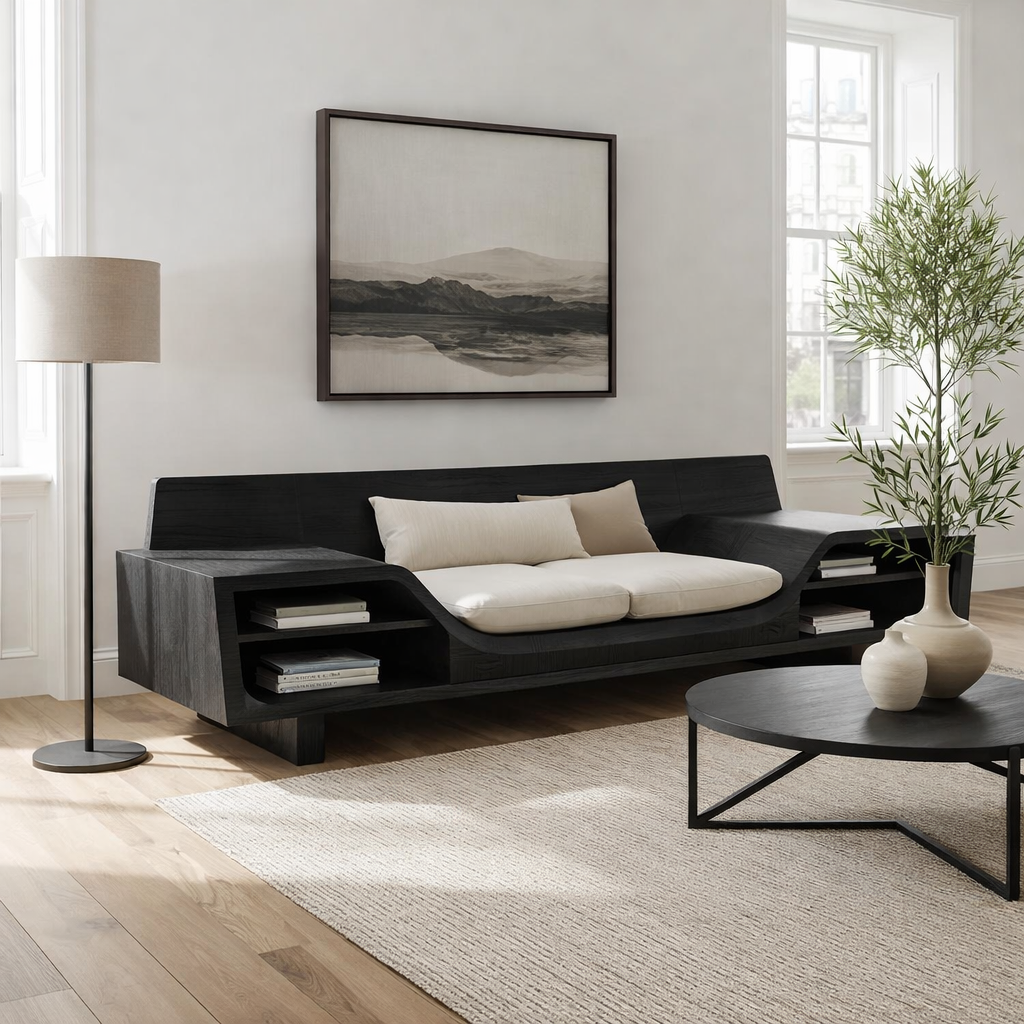 Walnut Solid Wood Sofa with Shelves – Modern Sculptural Wooden Sofa