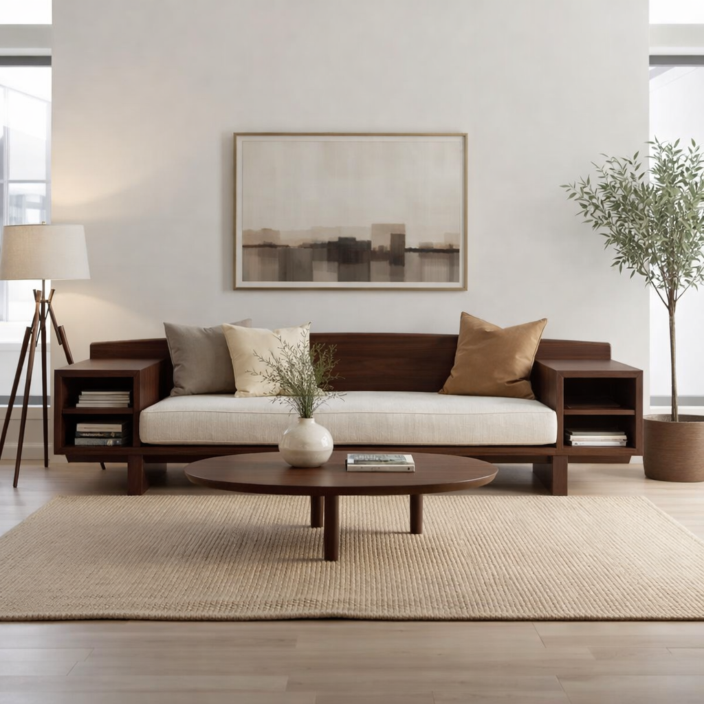 Walnut Solid Wood Sofa with Side Shelves – Modern Wooden Living Room Sofa