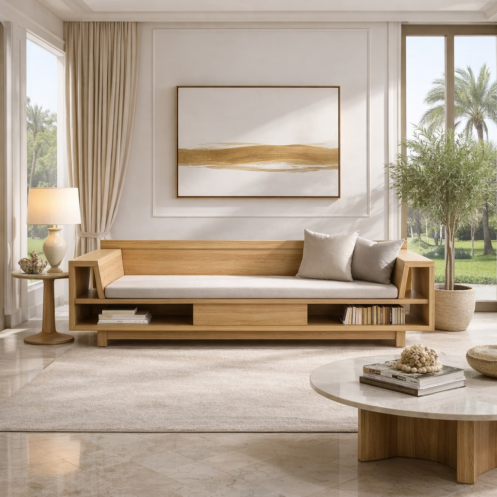 Solid Wood Storage Sofa – Modern Wooden Sofa with Shelf and Drawer
