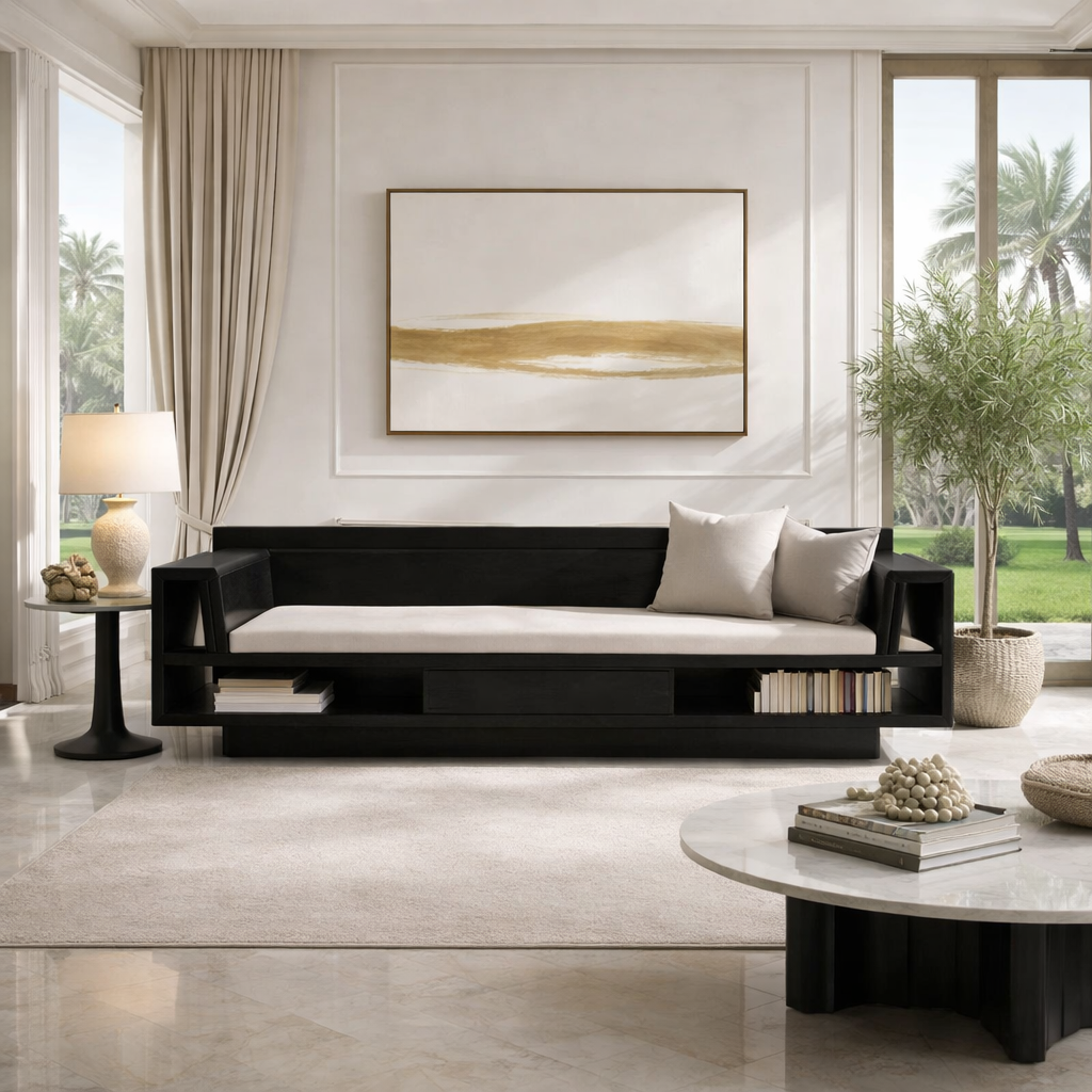 Solid Wood Storage Sofa – Modern Wooden Sofa with Shelf and Drawer