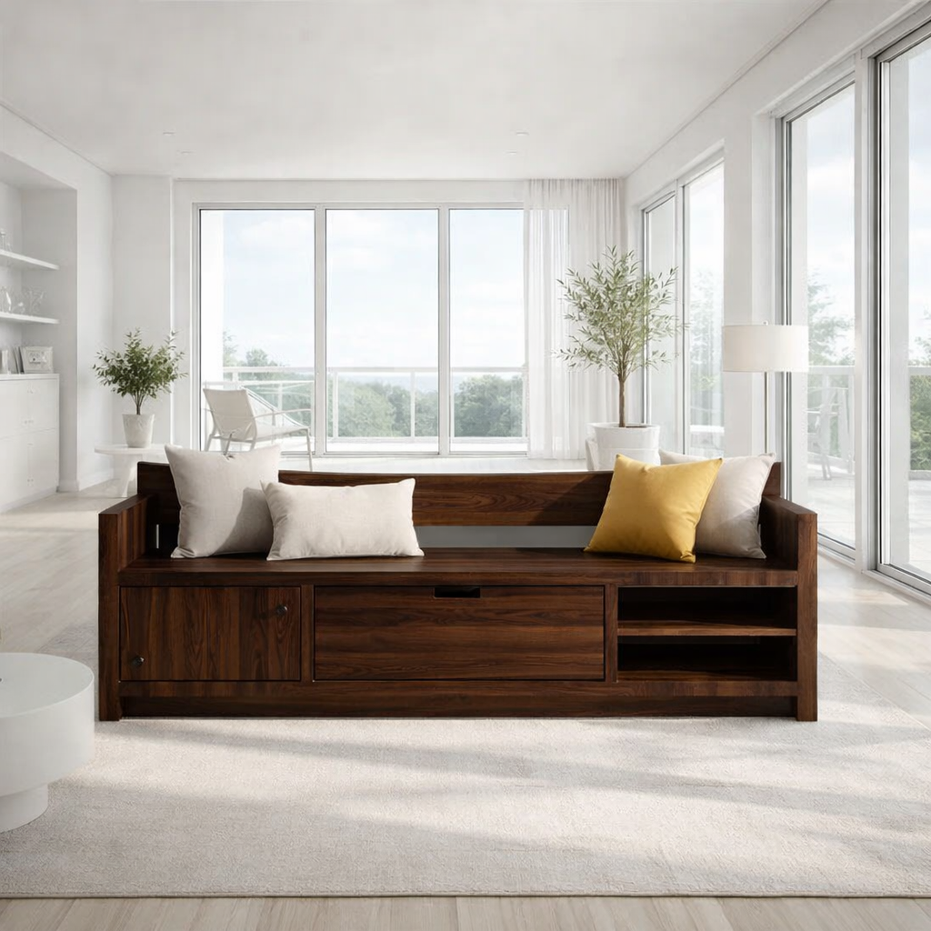 Solid Wood Storage Sofa Bench – Modern Wooden Sofa with Drawer and Open Shelves