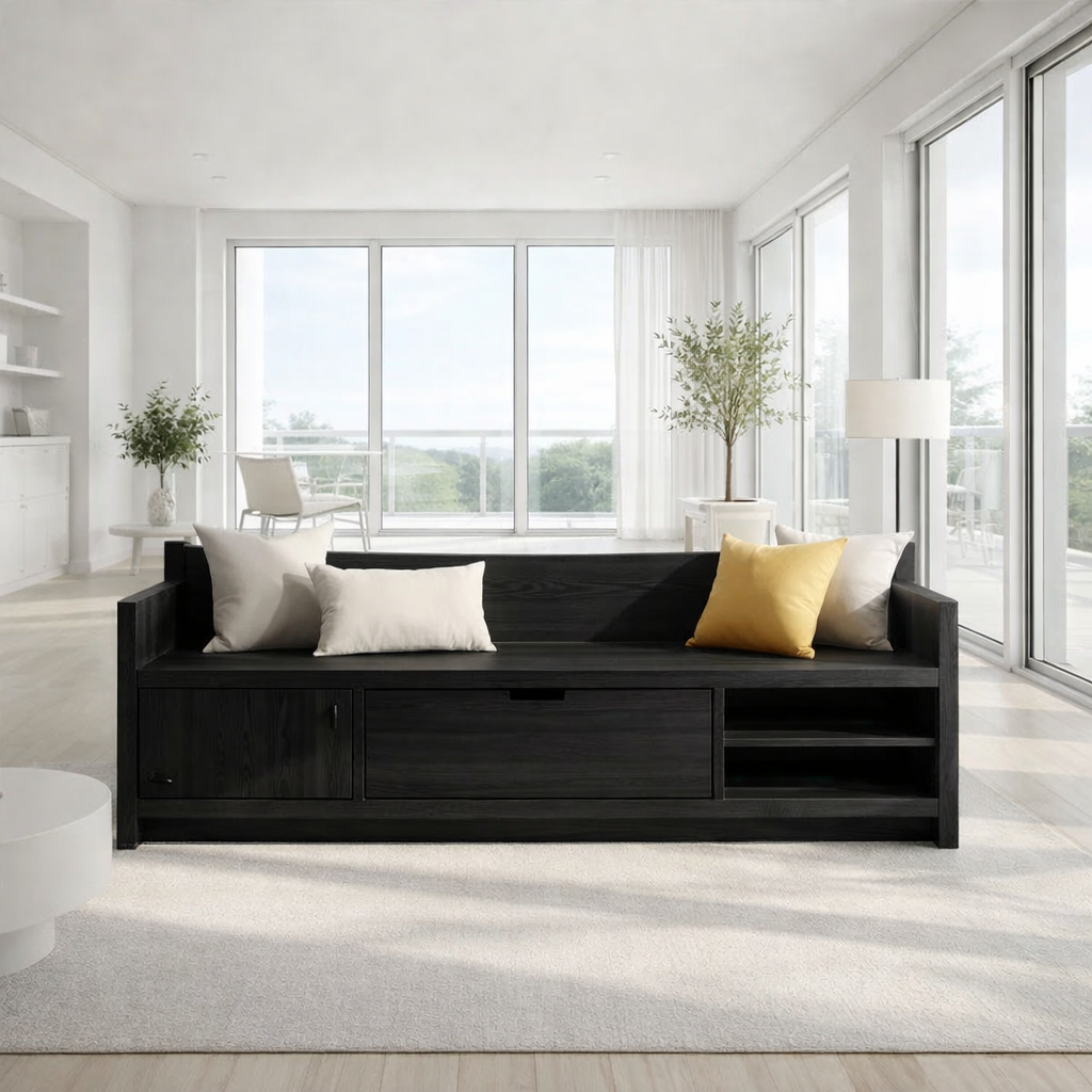 Solid Wood Storage Sofa Bench – Modern Wooden Sofa with Drawer and Open Shelves