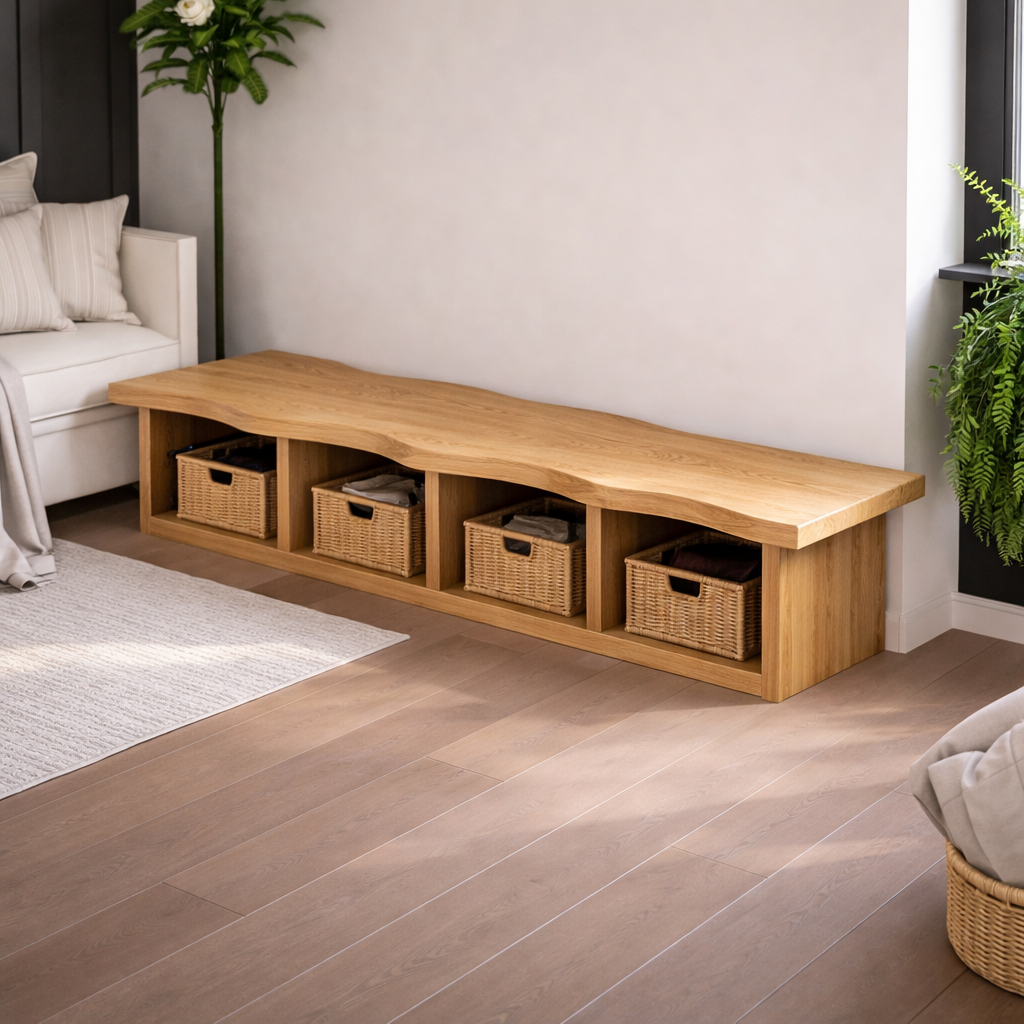 Solid Wood Storage Bench – Live Edge Wooden Bench with Open Cubby Shelves