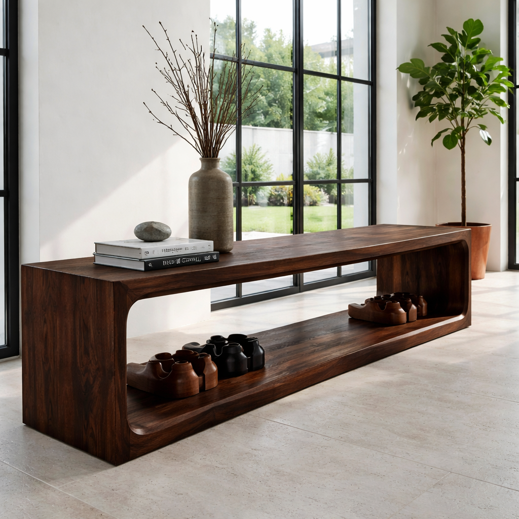 Solid Wood Console Table – Modern Waterfall Wood Console with Open Shelf