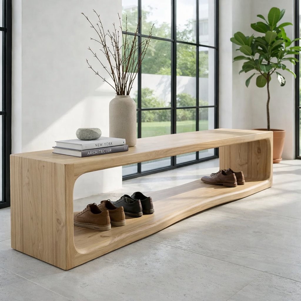 Solid Wood Console Table – Modern Waterfall Wood Console with Open Shelf
