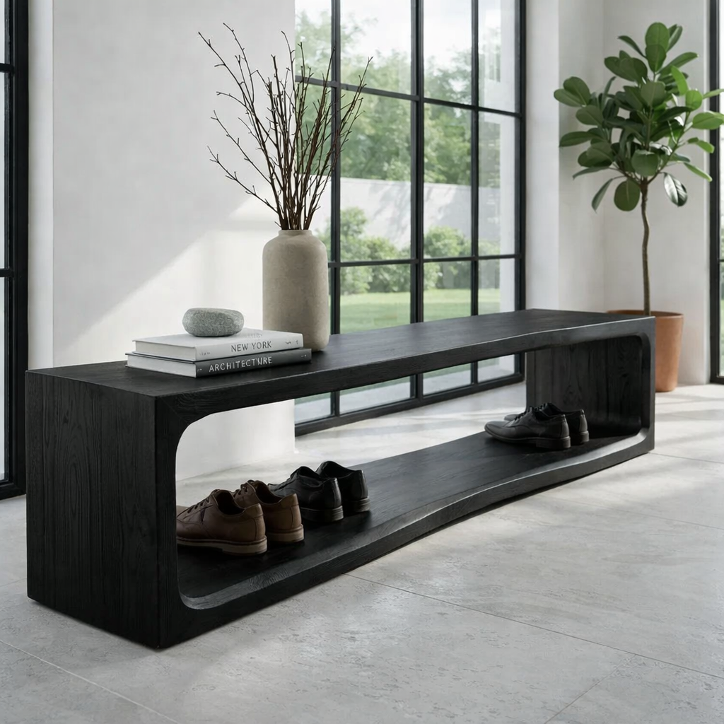Solid Wood Console Table – Modern Waterfall Wood Console with Open Shelf