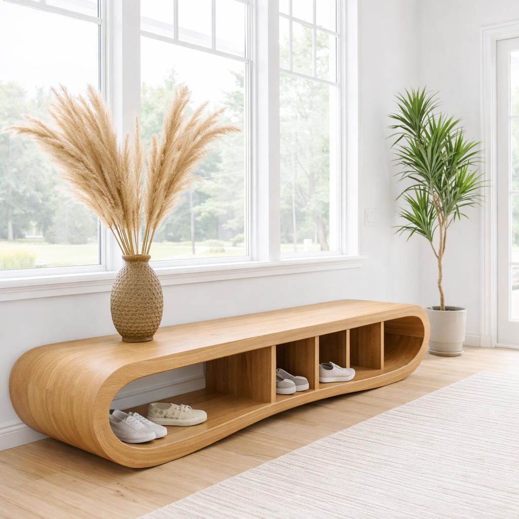 Solid Wood Shoe Storage Bench – Curved Wooden Entryway Bench with Open Cubby Shelf