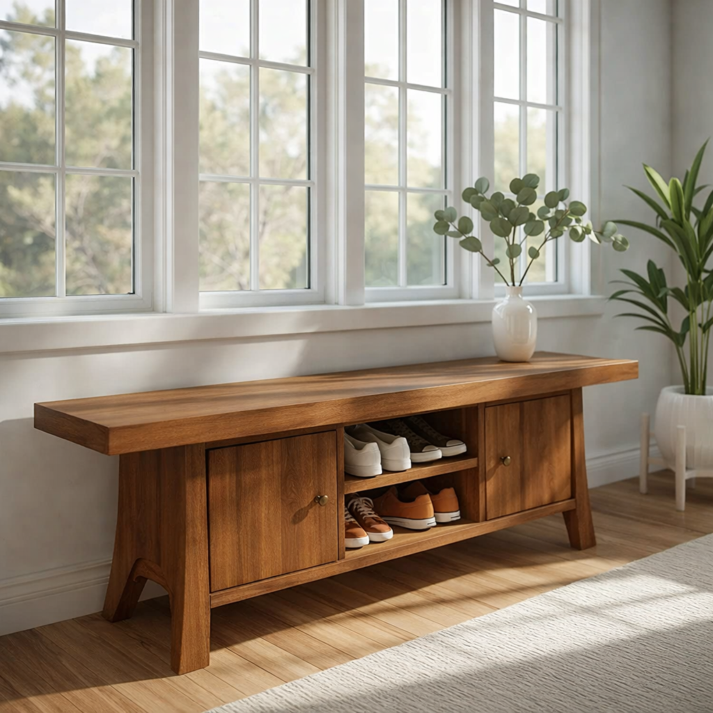 Solid Wood Shoe Storage Bench – Entryway Bench with Cabinet Doors and Open Shelf