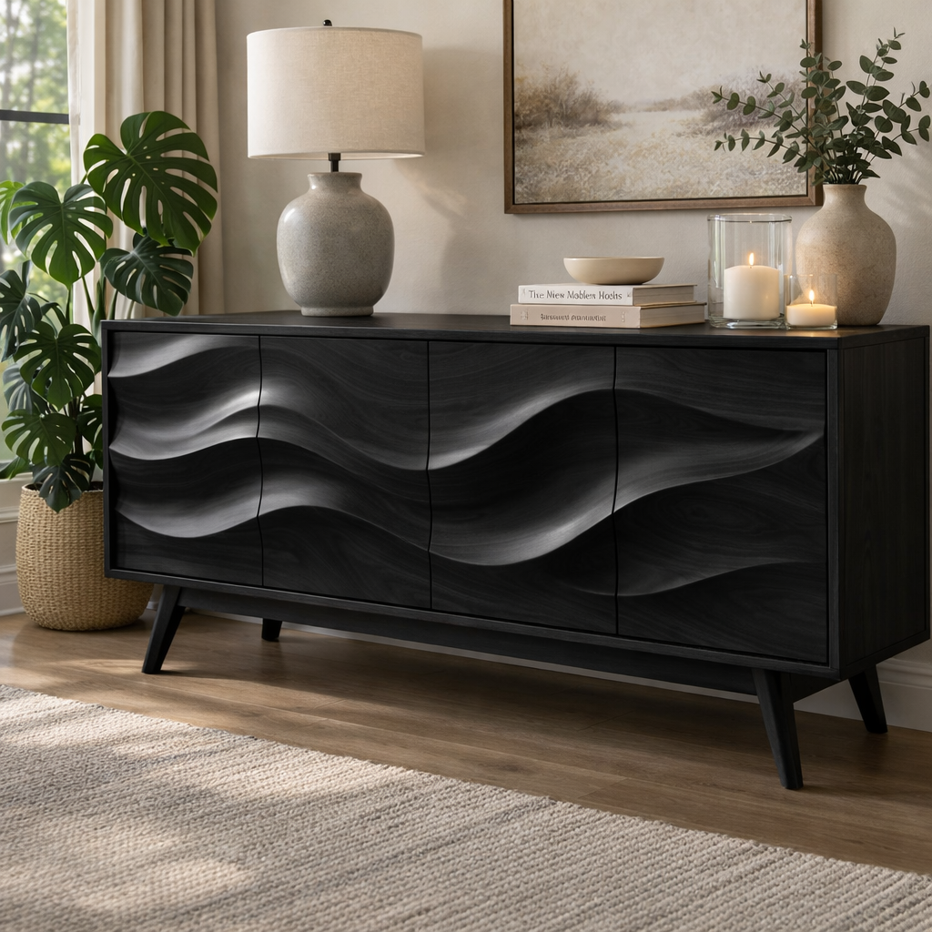 Solid Wood Console Table with Sculptural Wave Front for Modern Living Space