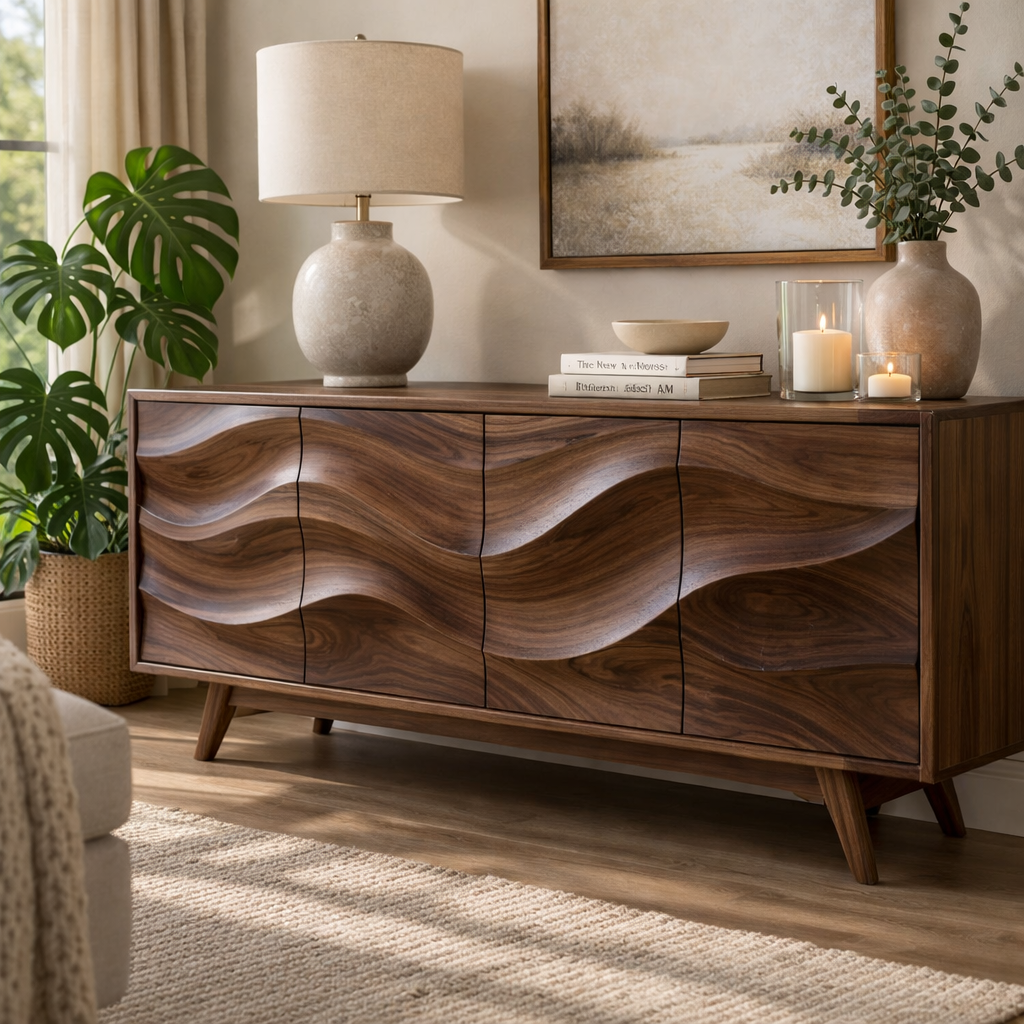 Solid Wood Console Table with Sculptural Wave Front for Modern Living Space