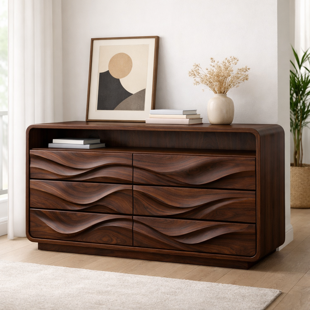 Solid Wood Console Table with Drawer Storage and Sculptural Wave Front Design