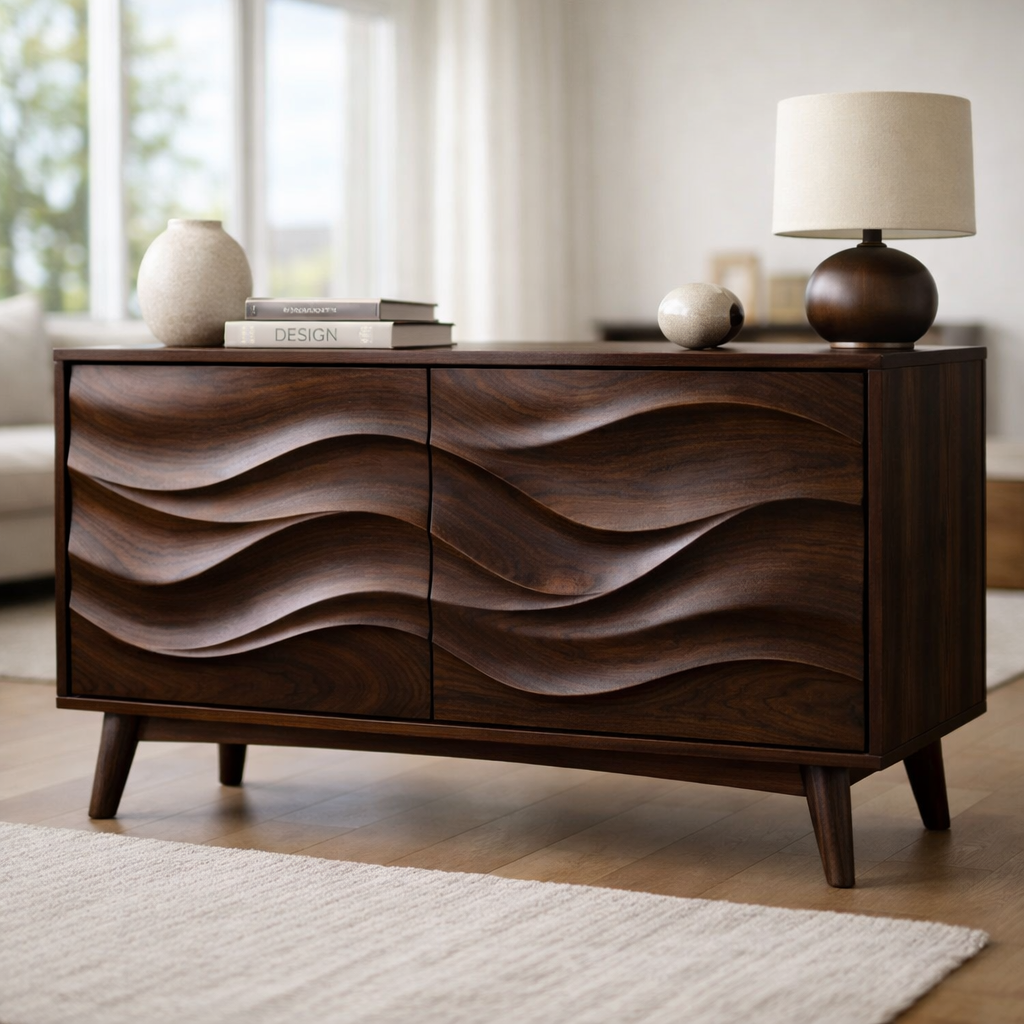 Solid Wood Console Table with Sculptural Wave Doors and Mid-Century Legs