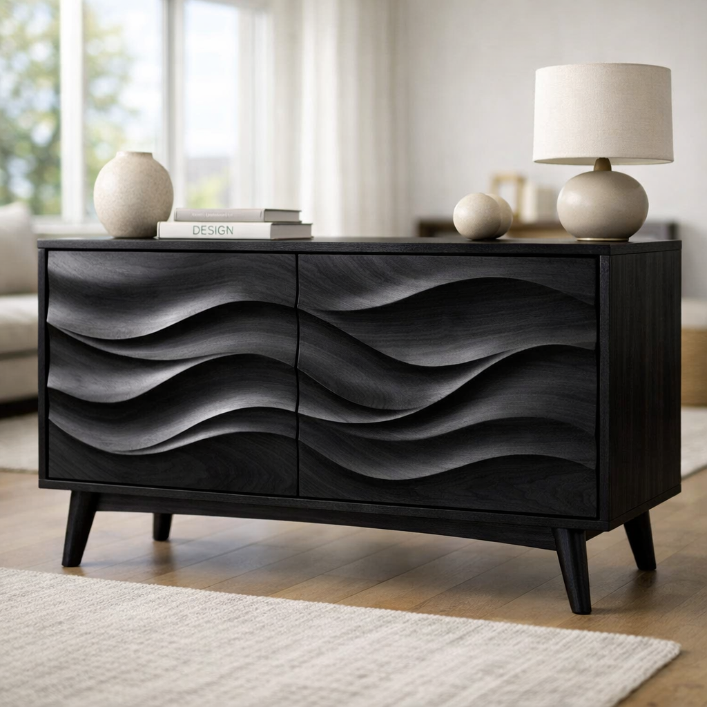 Solid Wood Console Table with Sculptural Wave Doors and Mid-Century Legs