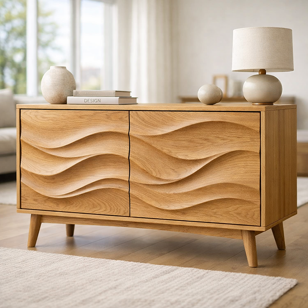 Solid Wood Console Table with Sculptural Wave Doors and Mid-Century Legs