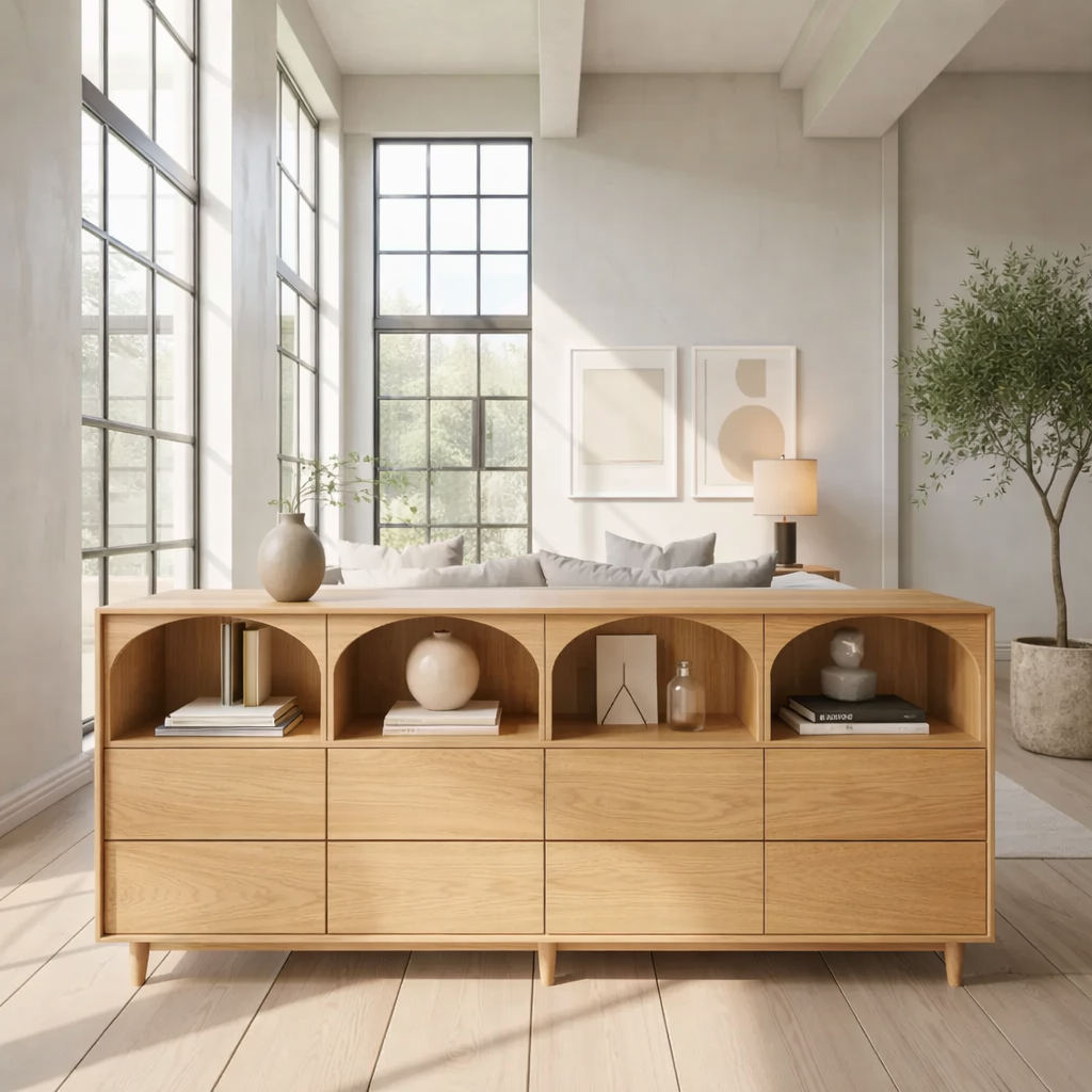 Solid Wood Console Table with Arched Open Shelves and Drawer Storage