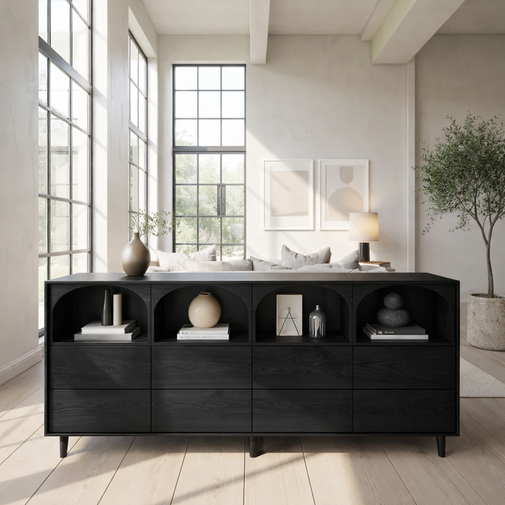 Solid Wood Console Table with Arched Open Shelves and Drawer Storage