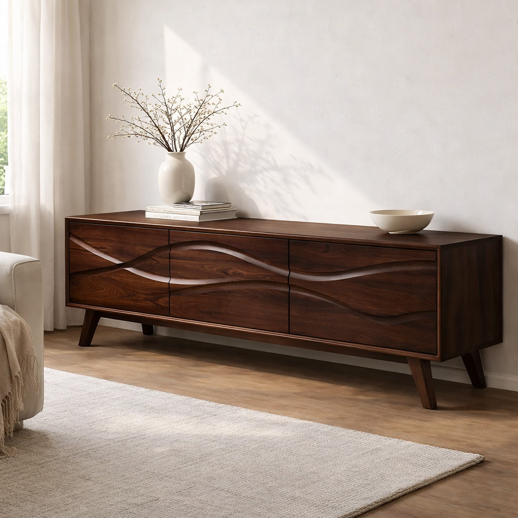 Solid Wood Console Table with Minimal Wave Carved Doors for Modern Living Room