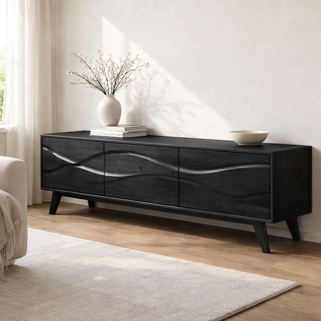 Solid Wood Console Table with Minimal Wave Carved Doors for Modern Living Room