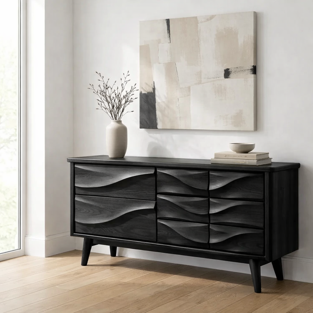 Solid Wood Console Table with Multi Drawer Wave Front Design for Modern Home