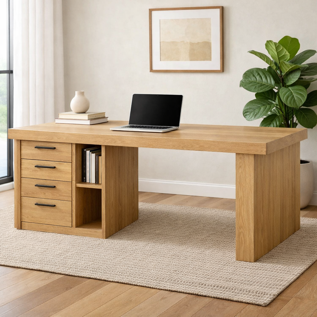 Handcrafted Solid Wood Office Desk with Storage Drawers and Open Shelf