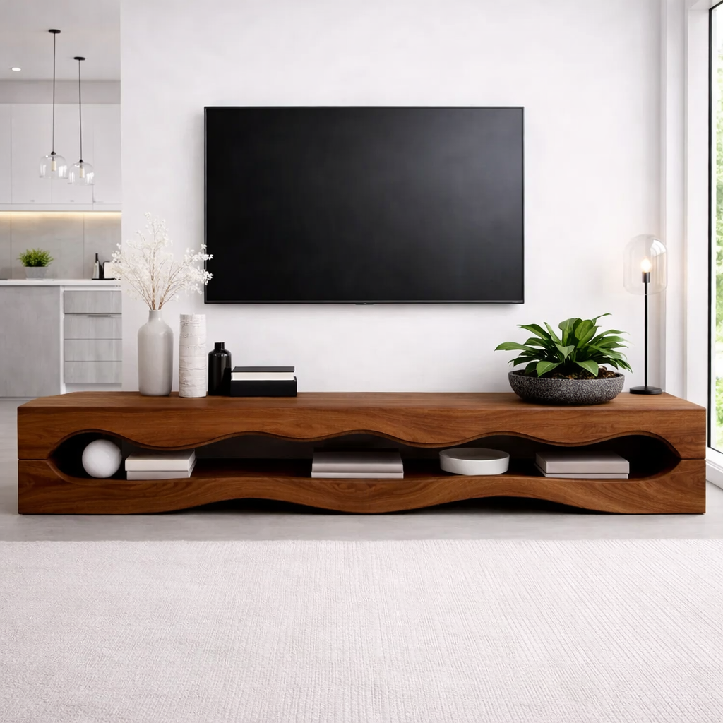 Solid Wood Wave TV Stand with Open Shelves for Modern Minimalist Living Room