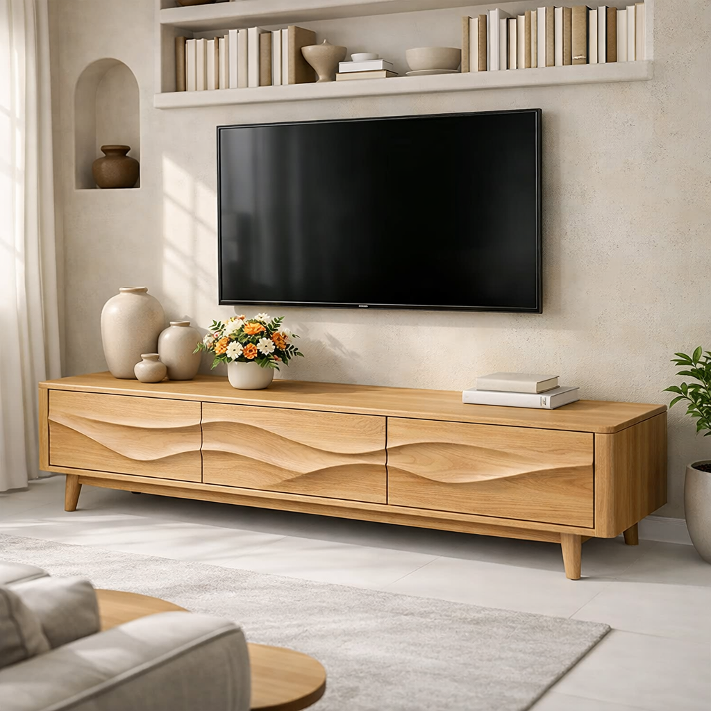 Solid Wood Wave Front TV Stand with Drawers for Modern Living Room