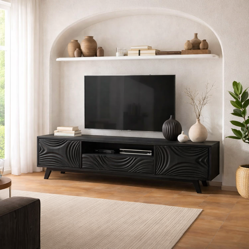 Handcrafted Solid Wood Carved TV Stand with Artistic Wave Design