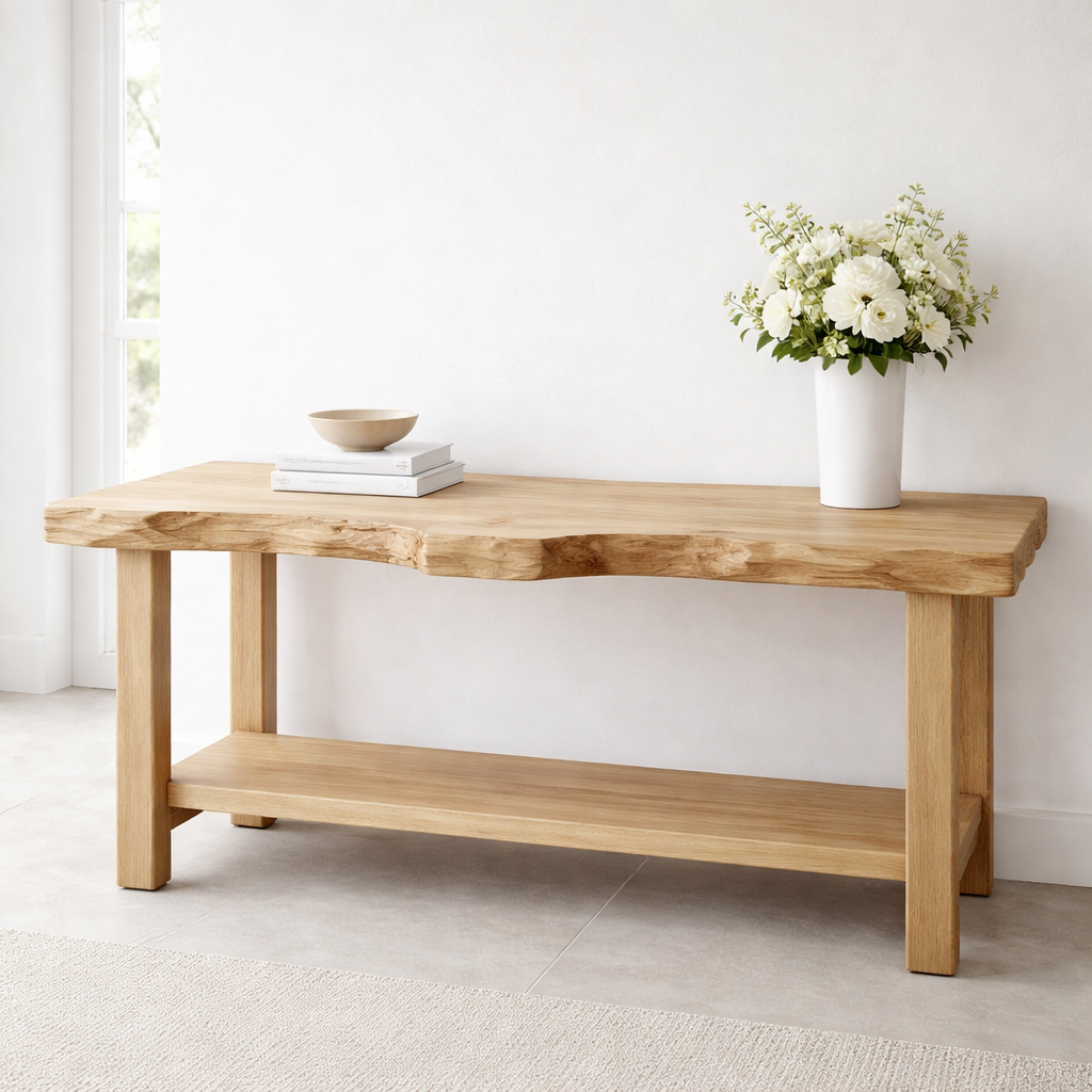 Solid Wood Console Table with Live Edge Top – Rustic Entryway & Sofa Table with Shelf