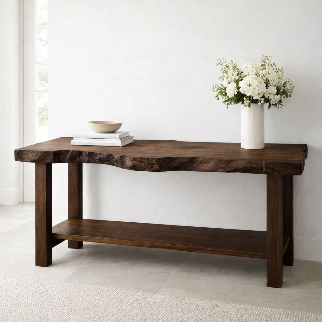 Solid Wood Console Table with Live Edge Top – Rustic Entryway & Sofa Table with Shelf