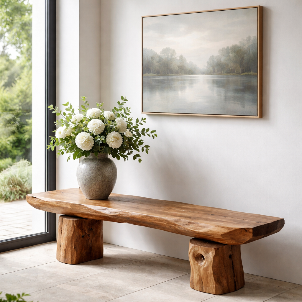 Solid Wood Bench with Live Edge Top – Rustic Entryway & Minimalist Seating Bench