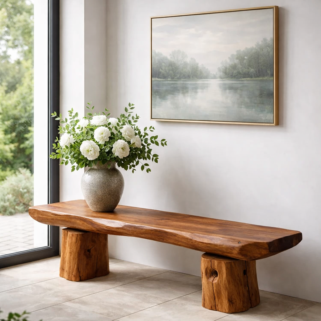 Solid Wood Bench with Live Edge Top – Rustic Entryway & Minimalist Seating Bench