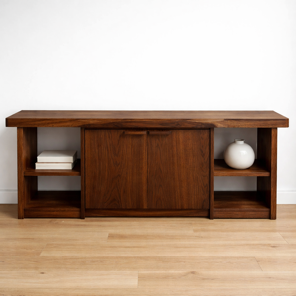Solid Wood Console Table with Storage Cabinets & Shelves – Modern Rustic Entryway Table