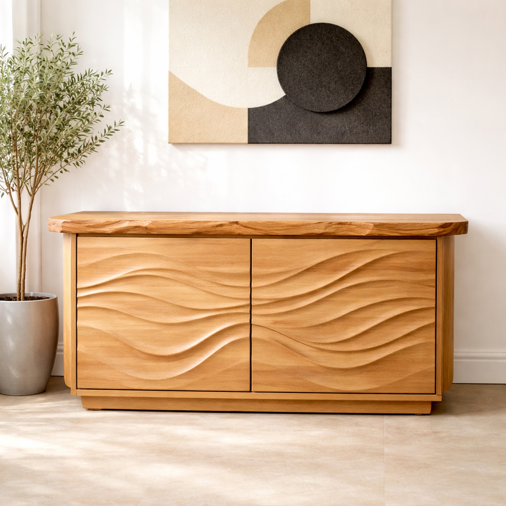 Solid Wood Console Table with Carved Wave Doors – Modern Sculptural Entryway Cabinet