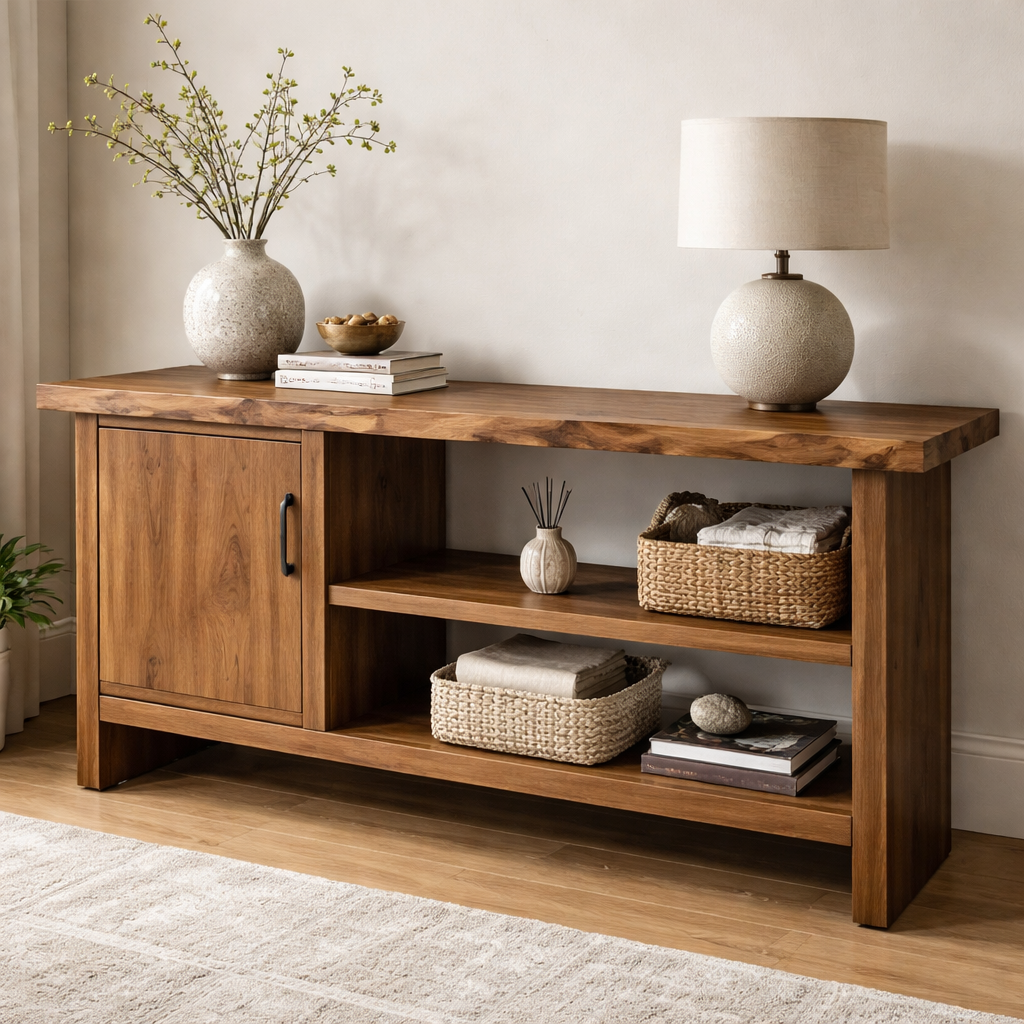 Solid Wood Console Table with Storage Shelf – Modern Entryway Cabinet with Door