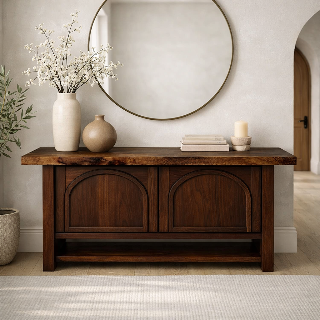 Solid Wood Console Cabinet – Rustic Entryway Storage Table with Arched Doors