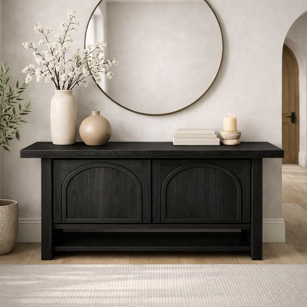 Solid Wood Console Cabinet – Rustic Entryway Storage Table with Arched Doors