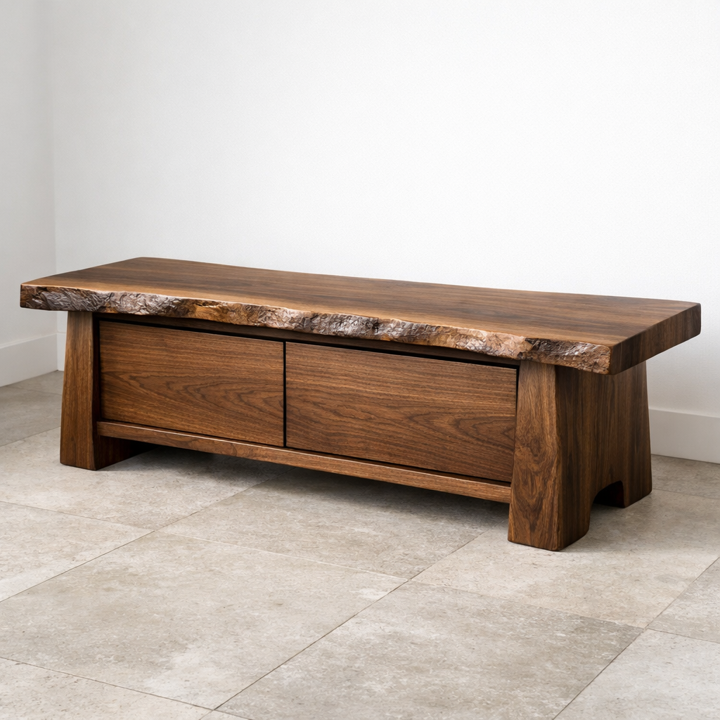 Solid Wood Entryway Bench with Storage Drawers – Live Edge Hallway Seating